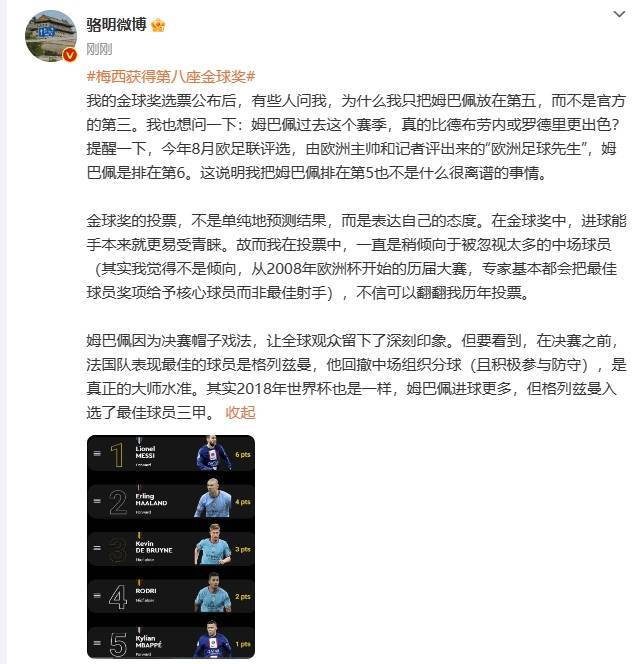 骆明解释将基利安·姆巴佩排在第五：世界杯决赛之前，法国表现最佳是格子