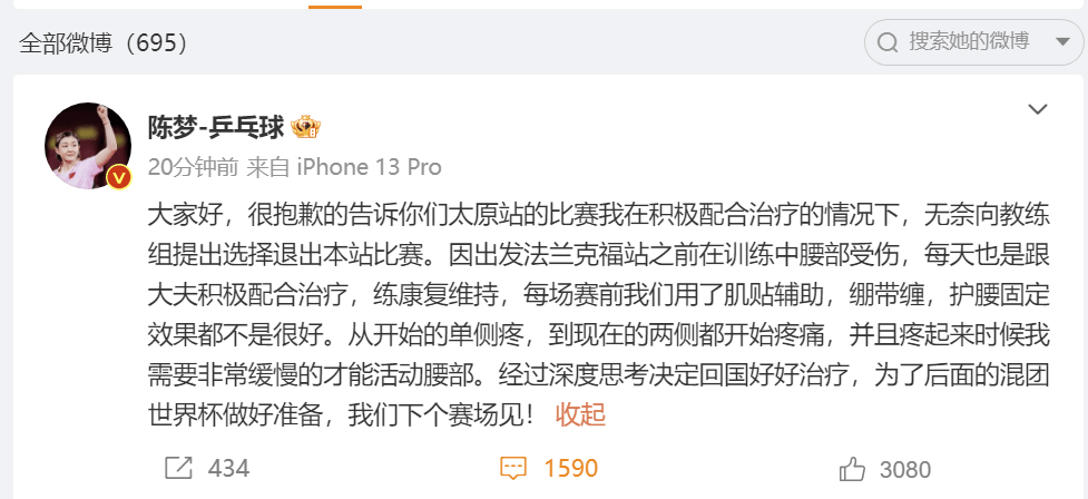 陈梦重磅退赛！输外战丢冠原因找到了，不怪马琳，王曼昱机会来了